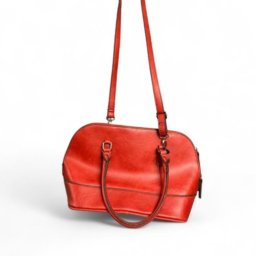 London Fog Red Faux Leather Satchel Crossbody Bag with Plaid‎ Lining